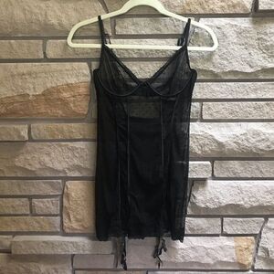 Victoria’s Secret Sheer Mesh Dot Lace Corset Teddy Black Lingerie Pajama XS